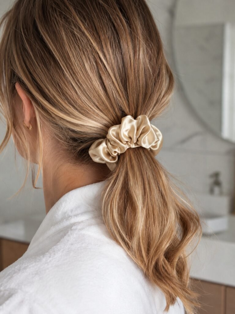 Close-up of satin scrunchies holding a loose low ponytail