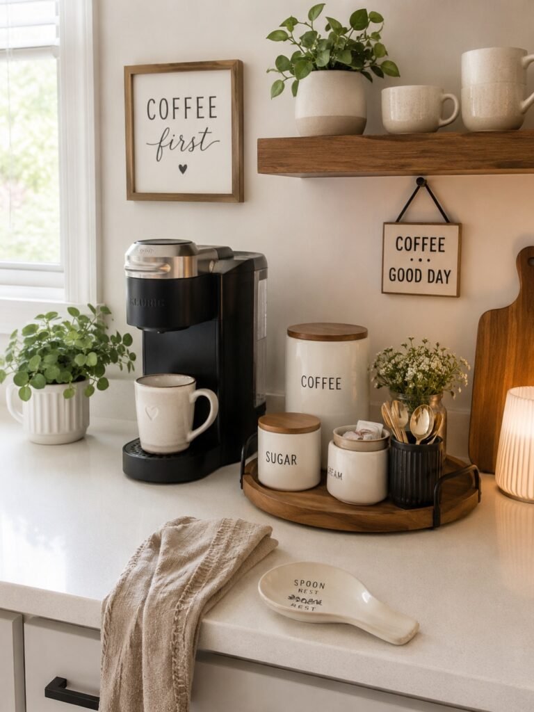 Coffee station kitchen counter organization ideas