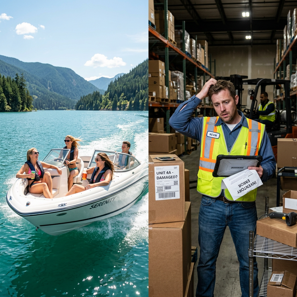 Group of four people on a boat on a lake and a stressed warehouse worker checking inventory